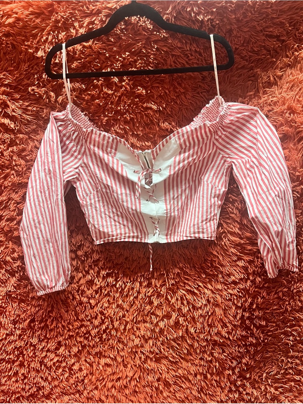 Fashion Nova Striped Off-Shoulder Lace-Up Crop Top- Red/White Size Large